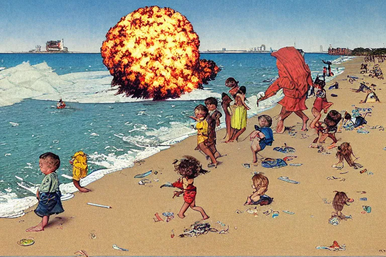 Image similar to children playing at the beach, huge atomic explosion in the background, isometric, detailed, by norman rockwell, by mattias adolfsson, by moebius, oil on canvas,
