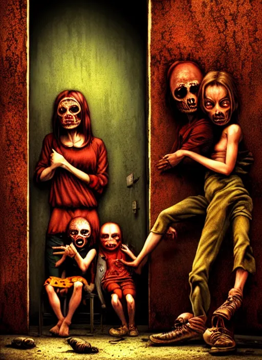 Prompt: A creepy family underground junkies, by richard corben, rich deep colors. masterpiece . intricate artwork, very coherent symmetrical artwork, cinematic, hyper realism, high detail, auschwitz camp, octane render, unreal engine, 8k, Vibrant colors, Smooth gradients, High contrast, depth of field. by Katsuhiro Otomo, full body character drawing, inspired by Evangeleon, clean ink detailed line drawing, intricate detail, extremely detailed.