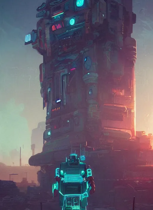 Image similar to a painting of a giant robot standing in front of a post apocalyptic city ruins, cyberpunk art by beeple, artstation hd, dystopian art, apocalypse art, sci - fi, glowing neon lights anamorphic lens flare