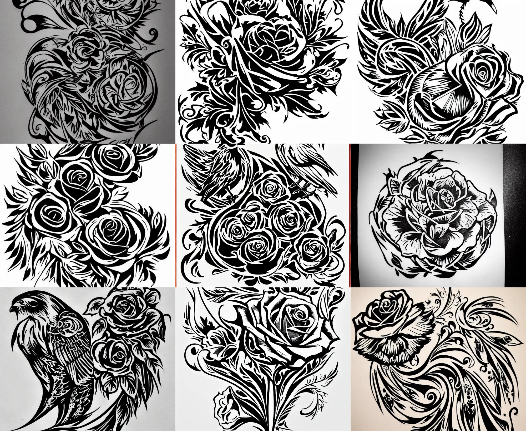 Image similar to Tattoo Stencil stylized crow rose Raven, bold strong lines very highly aesthetic