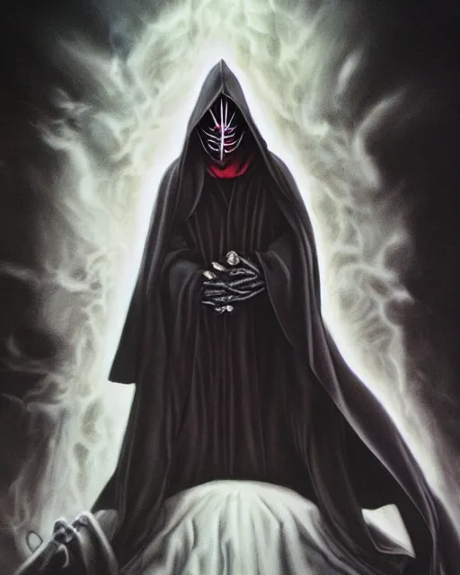 Image similar to hooded evil sith lord, airbrush, drew struzan illustration art, key art, movie poster