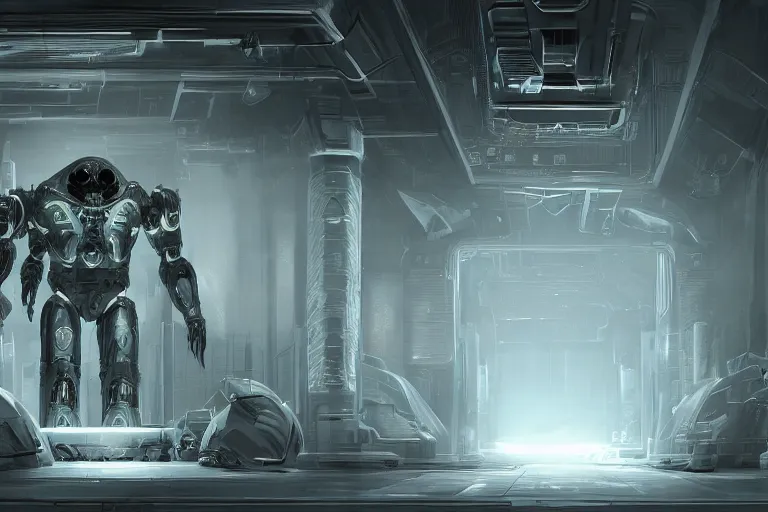 Image similar to parallax datacenter server room interior single mono colossus white rusty android guest robosaurus artstation cinematic detailed concept art volumetric light sharp coherent cgsociety symmetric perfect well balanced shadows lotr alien prometheus