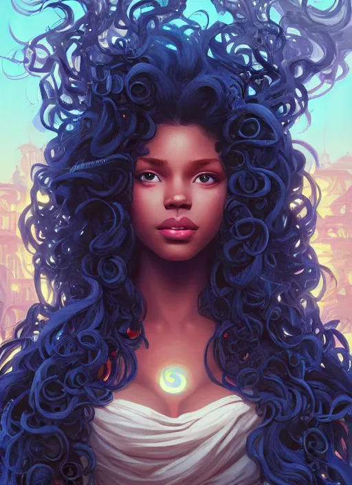 Image similar to beautiful black girl with long curly hair, blue eyes, cute, intricate, highly detailed, digital painting, trending on artstation, concept art, smooth, sharp focus, backlit, rim light, vivid colors, illustration, unreal engine 5, 8 k, art by rossdraws and alphonse mucha