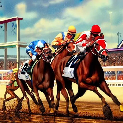 Image similar to kentucky derby horse race with a close finish at the finish line + dramatic, motion, racing, photorealistic horses, photorealistic jockeys, photorealistic : : 1 + style of john collier and leroy neiman + octane render, trending on artstation, artgerm, behance
