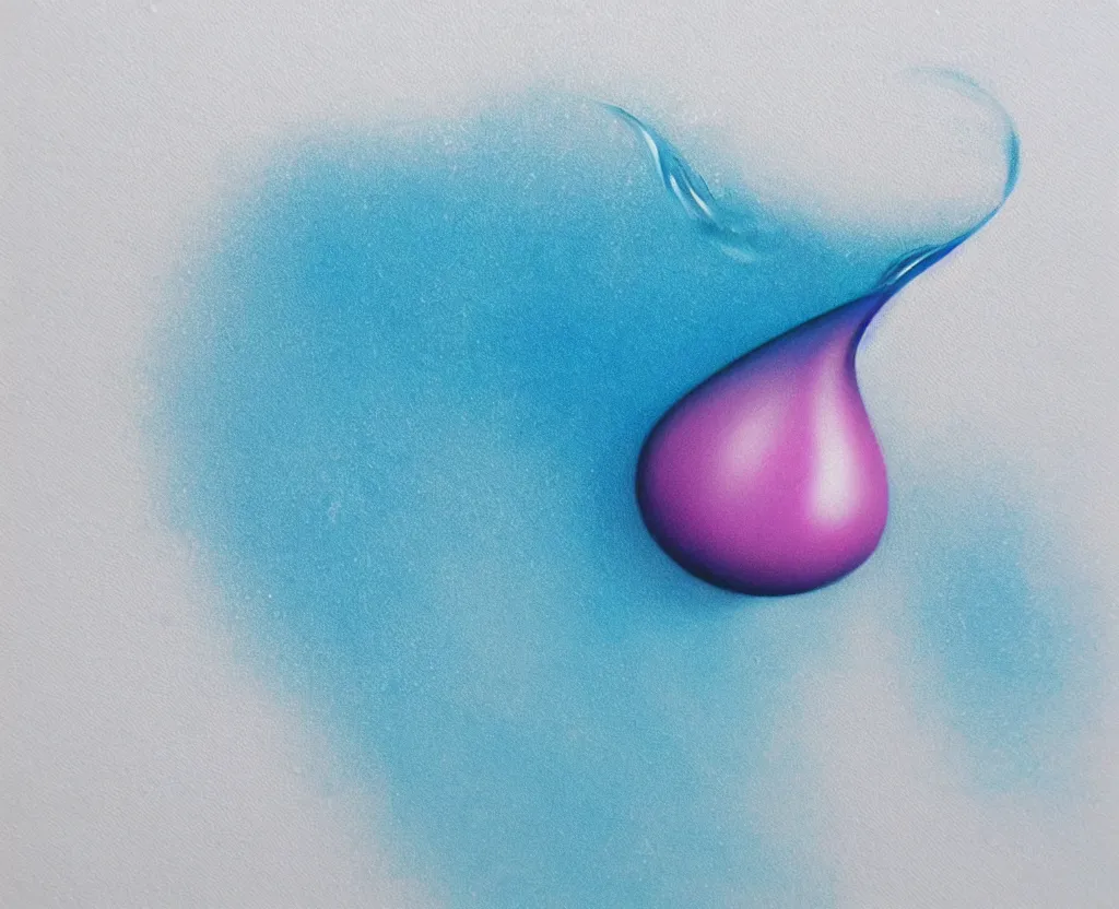 Image similar to beautiful matte airbrush of a big glossy water drop dripping on a white background, inspired by 8 0's airbrush illustrations