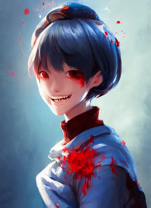 Prompt: a highly detailed illustration of short hair cute japanese girl wearing blood stained blue hoodie with the word nevada on it, dramatic smile pose, intricate, elegant, highly detailed, centered, digital painting, artstation, concept art, smooth, sharp focus, league of legends concept art, WLOP