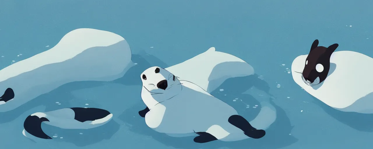 Prompt: a baby harp seal lying on ice looking worried, orcas in the water, atey ghailan, goro fujita, studio ghibli, rim light, ominous lighting, clear focus, very coherent,