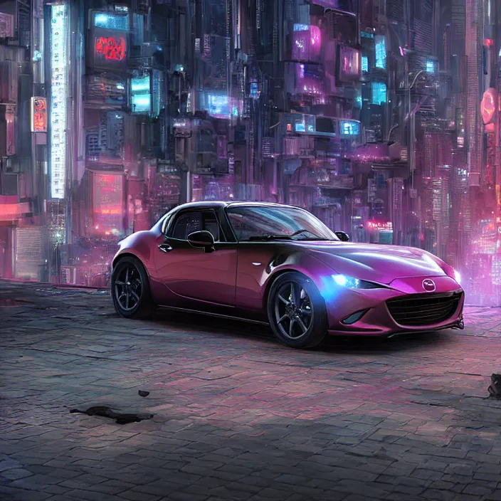 Image similar to a mazda miata in cyberpunk city, cyberpunk futuristic digital art concept