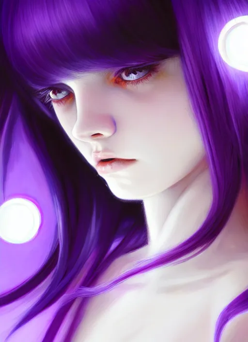 Image similar to hair whitebangs hair, black hair, whitebangs, portrait of teenage girl with white bangs, red irises, purple clothes, white bangs, bangs are different color from hair, intricate, elegant, glowing lights, highly detailed, digital painting, artstation, concept art, smooth, sharp focus, illustration, art by wlop, mars ravelo and greg rutkowski