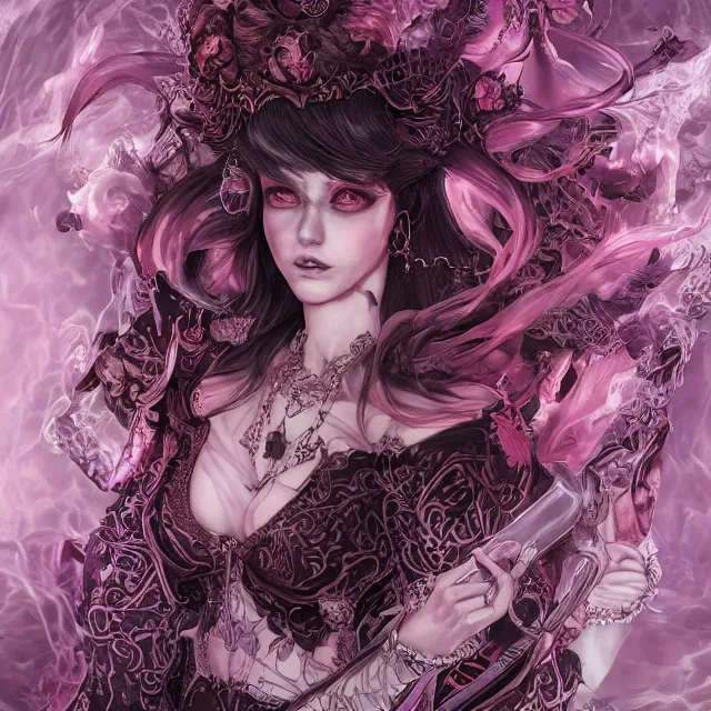 Image similar to the portrait of chaotic evil sensual female necromancer overlord as absurdly beautiful, gorgeous, elegant, corrupted young idol, an ultrafine hyperdetailed illustration by kim jung gi, irakli nadar, intricate linework, bright colors, octopath traveler, final fantasy, unreal engine 5 highly rendered, global illumination, radiant light, detailed and intricate environment