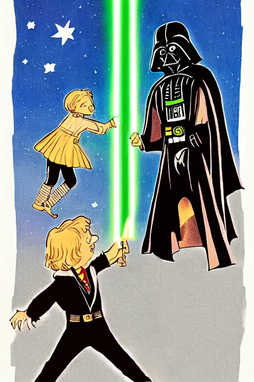 Image similar to an illustration of harry potter fighting darth vader of goodnight moon by margaret wise brown