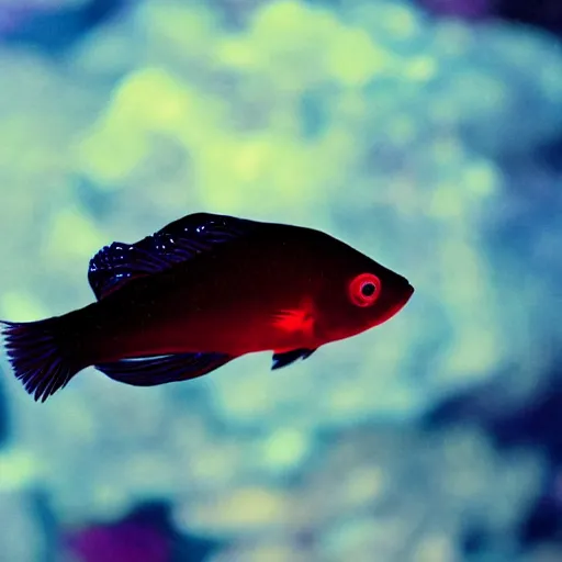 Image similar to a beautiful richly colored beta fish on a black background surrounded by black water