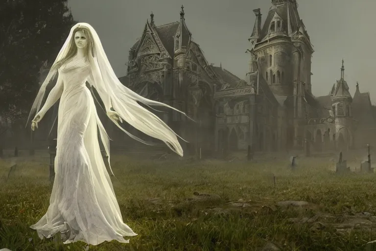 Image similar to an ultra detailed animation of a transparent ghost bride in a graveyard at midnight on halloween, digital art, dark fantasy, concept art, soulslike, by alphonse mucha, blood moon eclipse, ruined building in the background, artstation, 8 k, unreal engine render