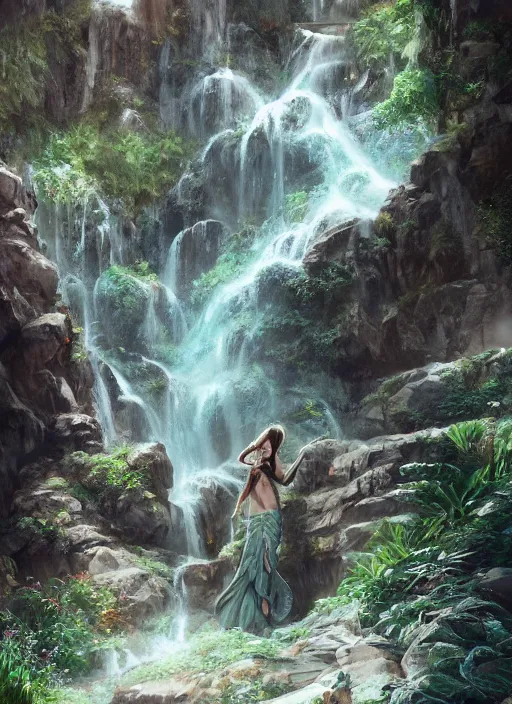 Image similar to a sage in fabrics under a waterfall in a beautiful mountainous area, in style arcane, musician, musical keyboard, hyper detailed, digital art, trending in artstation, cinematic lighting, studio quality, smooth render, unreal engine 5 rendered, octane rendered, art style by joseph christian leyendecker and wlop and krenz cushart