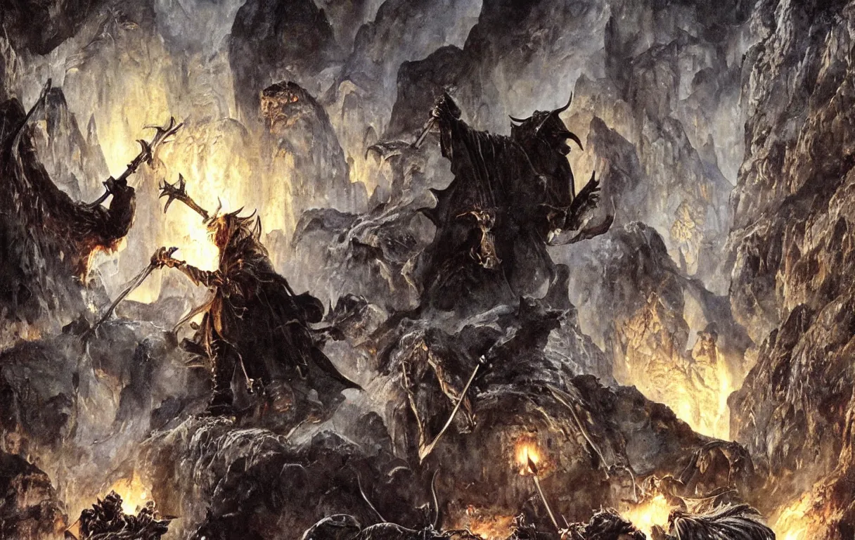 Image similar to gandalf the grey fighting a balrog in the mines of moria, oil painting by Norman Rockwell