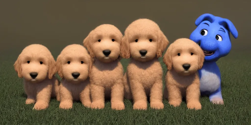 Prompt: adorable goldendoodle puppies and dogs, pixar render, brilliant style by Artstation, Artstation Trending, cgsociety, high quality, very coherent, ultra realism, high definition, post processing, unreal engine, 8k, high resolution, octane render, high contrast, 4k UHD, photographic, digital art, artstation,