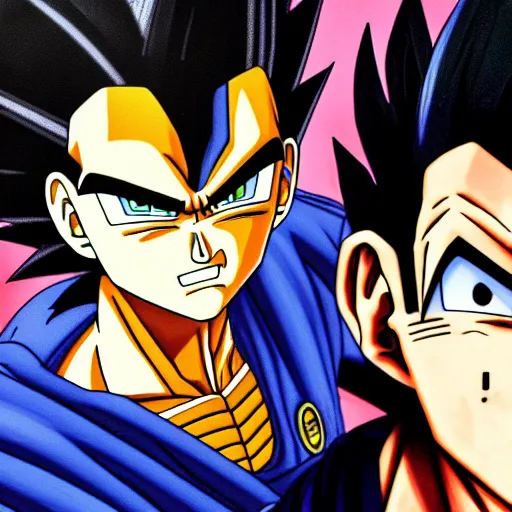 Image similar to ultra realistic portrait painting of a fusion of vegeta and sasuke art by akira toriyama, 4 k, dragon ball artstyle, cel shaded, highly detailed, epic lighting, full body