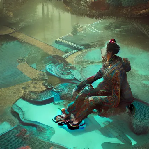 Prompt: beautiful symmetrical boy on a skateboard ramps over the pond surrounded by machine axonometric fantasy intricate elegant highly detailed in volumetric turquoise steampunk, high contrast cinematic light, mystical shadows, octane render, photographic, concept art, art high renaissance art, unreal engine 8 k