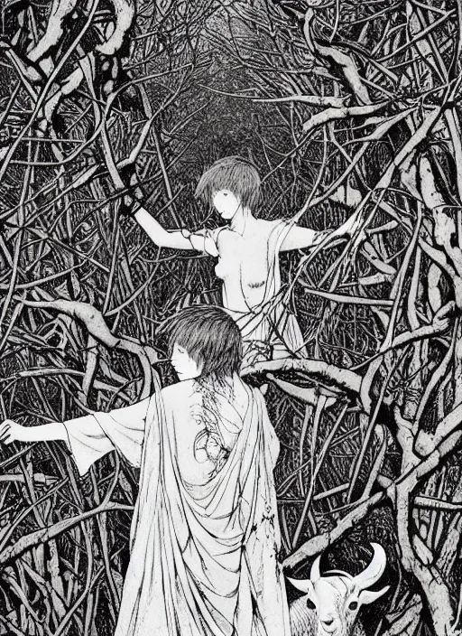Prompt: boy and girl and a goat in a deep bloody thorns bones forest, by Vania Zouravliov and Takato Yamamoto, high resolution
