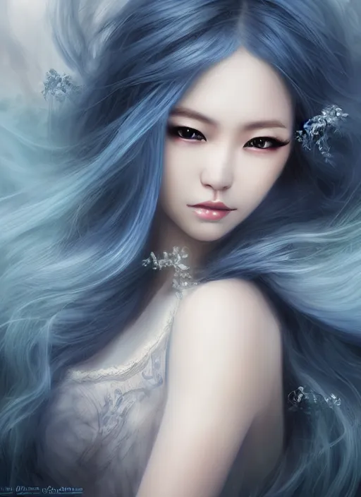 Image similar to a beautiful woman gheisa, 8 k, hyperrealistic, asian hyperdetailed, beautiful face, long blue hair windy, dark fantasy, white skin porcelain, fantasy portrait by laura sava