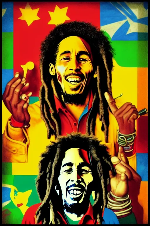 Image similar to bob marley laugh with tupac!!! pop art, pixel, bioshock, gta chinatown, artgerm, richard hamilton, mimmo rottela, julian opie, aya takano, avoid duplicate!!!, avoid redudance!!!