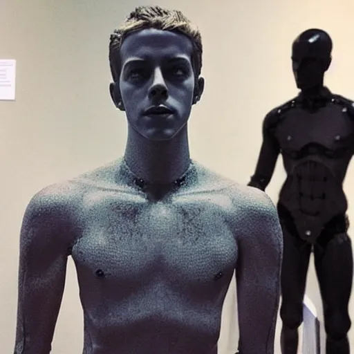 Image similar to “a realistic detailed photo of a guy who is an attractive humanoid who is half robot and half humanoid, who is a male android, actor Grant Gustin, shiny skin, posing like a statue, blank stare, at the museum, on display”