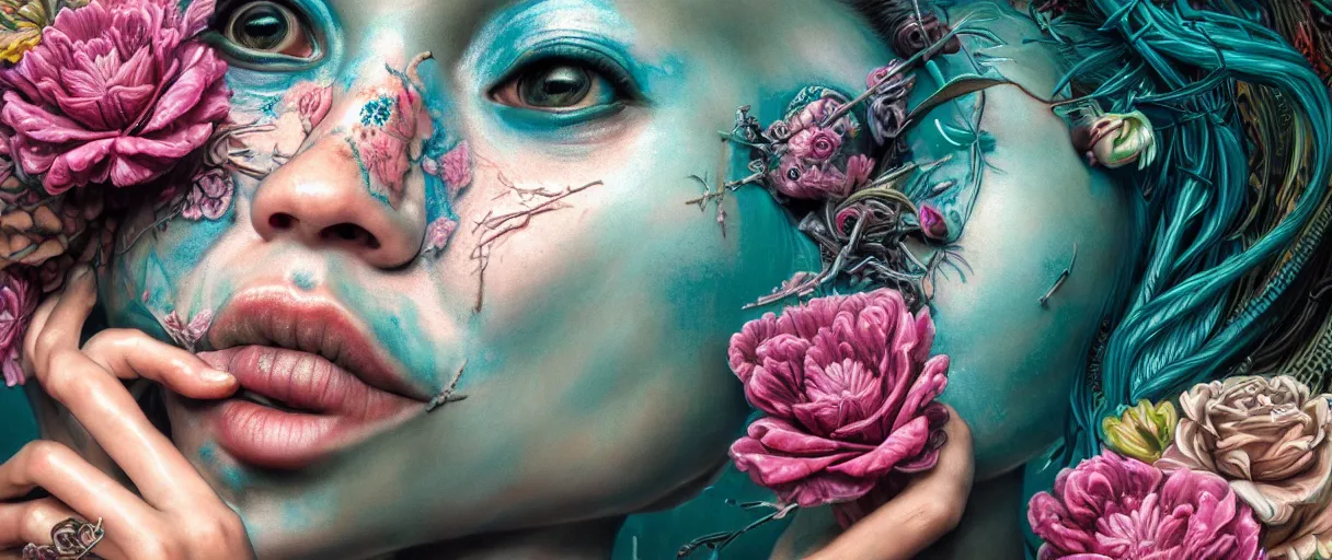 Image similar to hyperrealistic hyper detailed neo-surreal close-up 35mm side portrait of cyborg covered in rococo flower tattoos matte painting concept art hannah yata very dramatic dark teal lighting low angle hd 8k sharp shallow depth of field