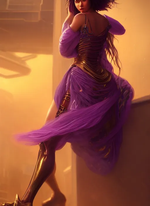 Image similar to young woman wearing dress : : purple - gold streets cyberpunk : : weta disney pixar movie still photo : : decadent highly - detailed digital painting, heroic pose, full length shot, golden ratio, octane render, artstation, smooth, sharp focus, artgerm, mucha, loish, wlop, gogo