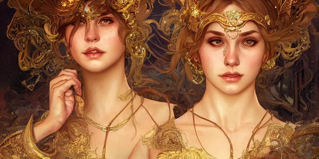 Image similar to epic portrait an festival happening in nightime of venice, intricate, full frontal shot, highly detailed, digital painting, artstation, concept art, sharp focus, illustration, art by artgerm and greg rutkowski and alphonse mucha