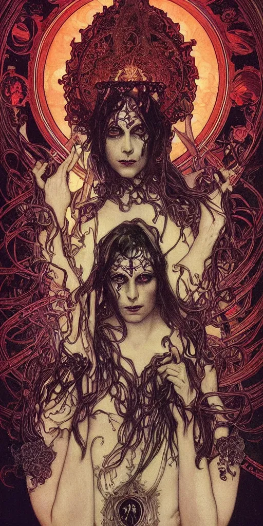 Image similar to intense glowing pagan black metal god with horns and veins and intense glowing eyes and a blood skull in very dark cosmic space by alphonse mucha and karol bak and beksinski and artgerm, portrait, fantasy, clear, light beams, lens flare, intense, uhd, amazing depth, cinematic lighting, shining gold and black and red