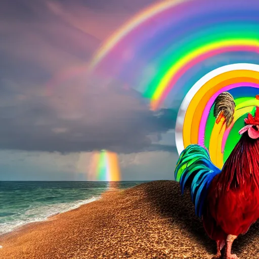 Prompt: a photo of a rooster wearing a fedora standing on a unicorn at the beach with a rainbow in the sky, detailed, vibrant, realistic, sunset, clear, 8k, hd, award winning image