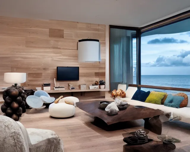 Image similar to A modern living room inspired by the ocean, a luxurious wooden coffee table with large seashells on top in the center, amazing detail, 8k resolution, calm, relaxed style, harmony, wide angle shot