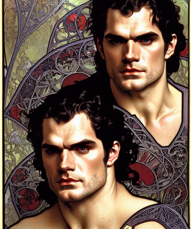 Prompt: realistic detailed head and shoulders portrait of vampire henry cavill by alphonse mucha, ayami kojima, amano, greg hildebrandt, and mark brooks, male, art nouveau, neo - gothic, gothic