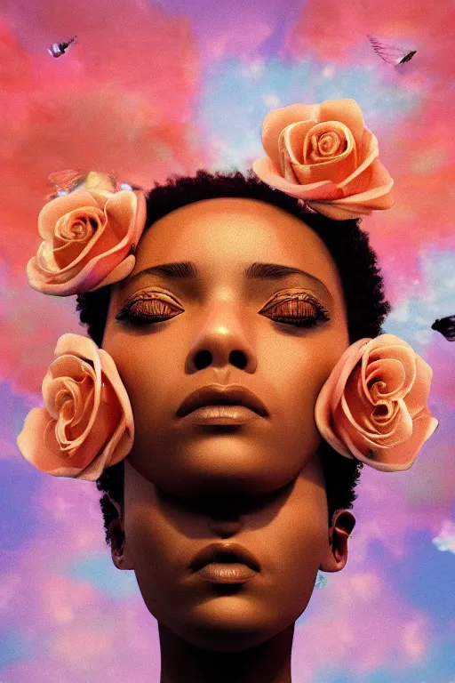 Image similar to milky crystal quartz eyeballs with wings. peach roses, background heavenly sky by basquiat, Trending on artstation. halo. octane render, cinematic, hyper realism, octane render, 8k, depth of field, 3D