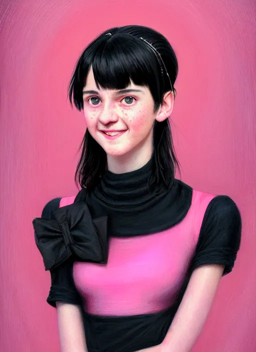 Image similar to portrait of teenage girl, realistic, black hair, bangs, half updo hairstyle, pointy nose, skinny, smile, ugly, defined jawline, big chin, pink hair bow, earrings, intricate, elegant, glowing lights, highly detailed, digital painting, artstation, sharp focus, illustration, art by wlop, mars ravelo and greg rutkowski