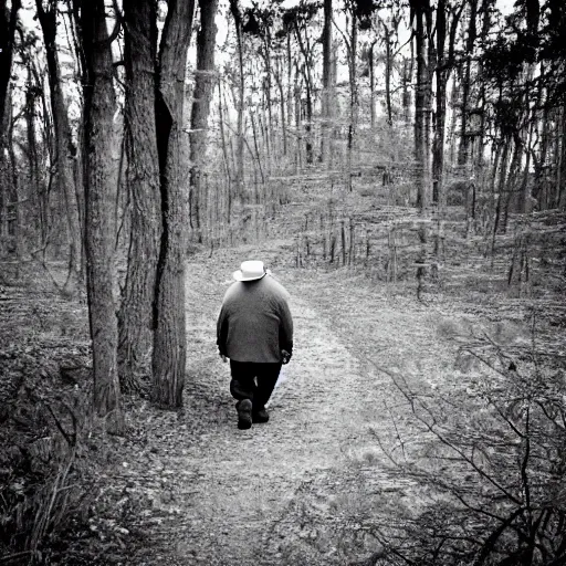 Image similar to trail cam footage nighttime black and white of fat man with fedora