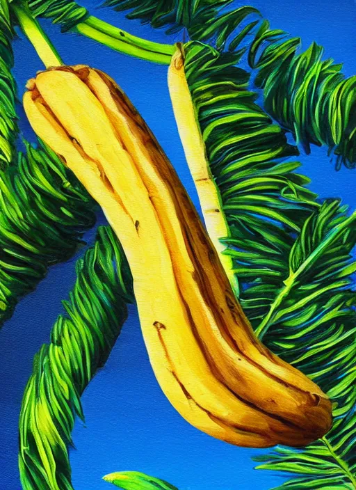 Image similar to bananas look like baguettes on a palm tree, intricately detailed acrylic painting