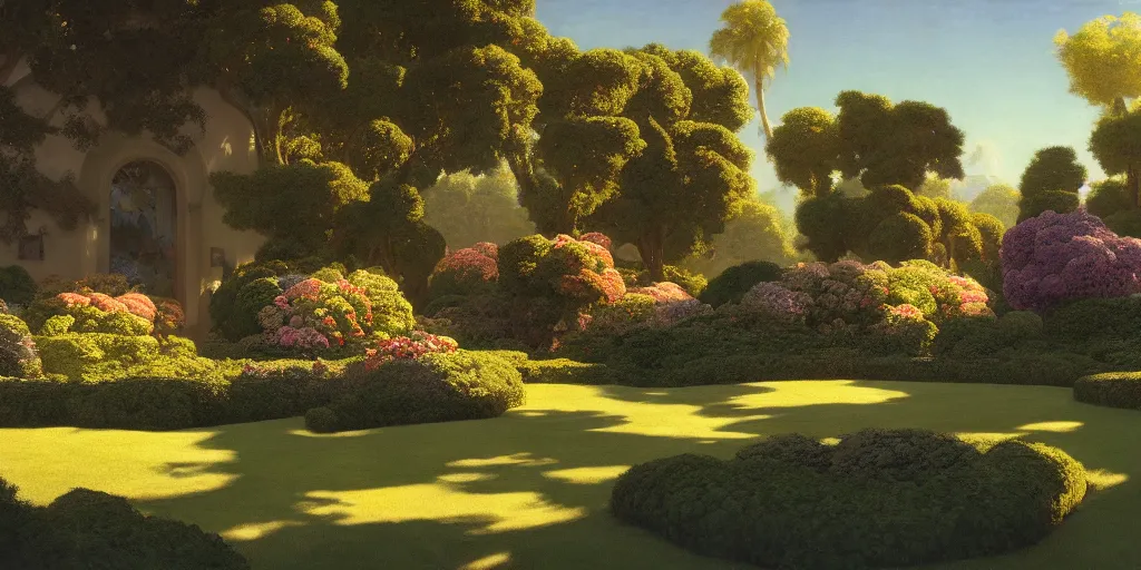Prompt: an ethereal garden in heaven, masterpiece painted by maxfield parrish, jc leyendecker and hopper, flemish baroque, classical realism, chiaroscuro, unreal engine, 8 k
