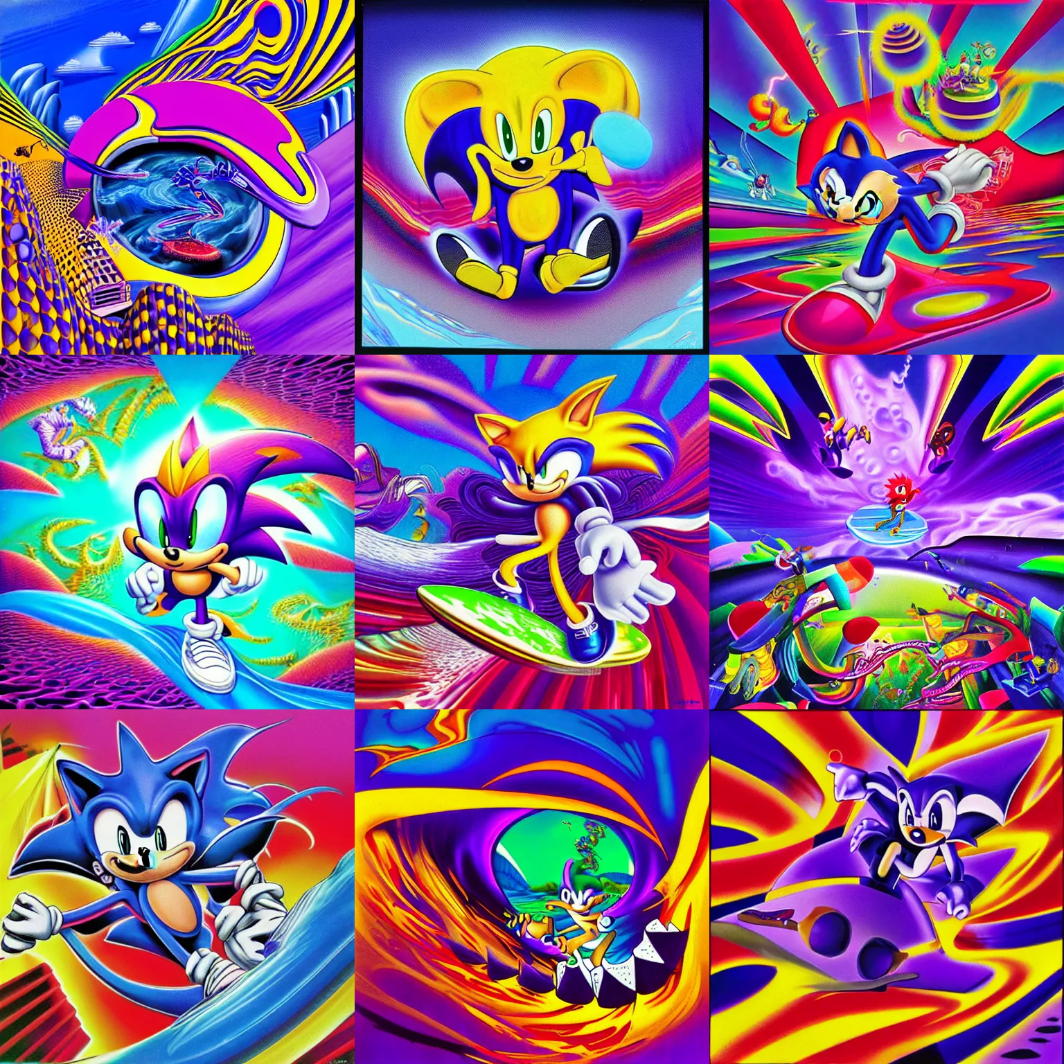 Image similar to surreal, sharp, detailed professional, high quality airbrush art mgmt album cover of a liquid dissolving airbrush art lsd dmt sonic the hedgehog surfing through cyberspace, purple checkerboard background, 1 9 9 0 s 1 9 9 2 sega genesis video game album cover
