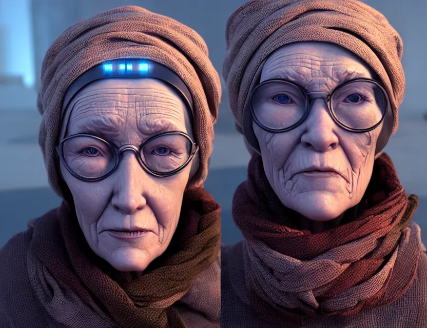 Image similar to cinematic bust portrait of robo - cyborg granny, a scarf tied on the head, by jean giraud, trending artstaition, unreal engine