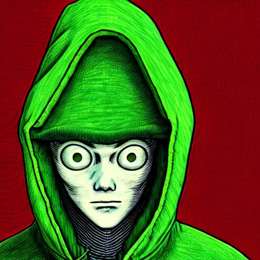 Image similar to portrait of programmer with green hood by junji ito