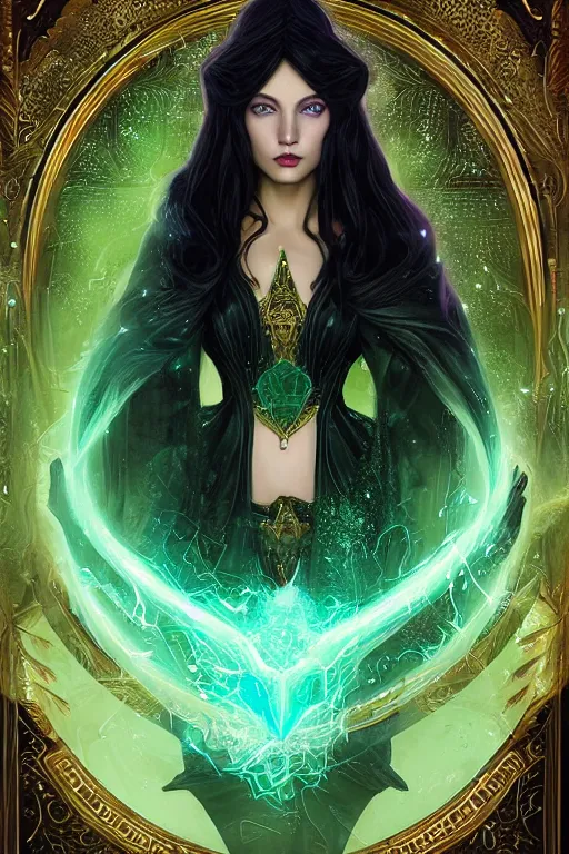 Image similar to a portrait of a beautiful sorceress wearing a black robe with gold embroidery, casting a spell, green glows, painted by artgerm and tom bagshaw, in the style of magic the gathering, perfect face, symmetrical face, highly detailed digital art