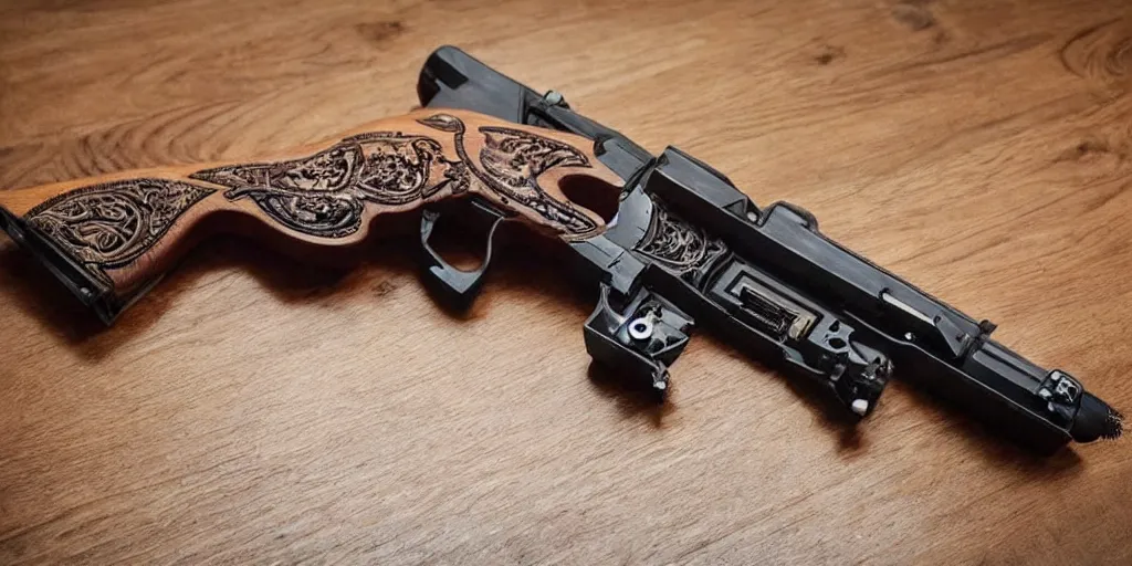 Image similar to a magic gun made out of wood, intricate details, professional