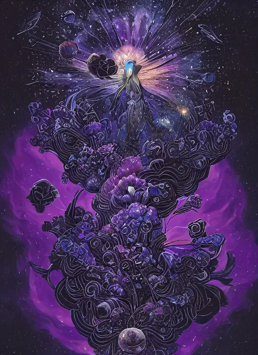 Image similar to detailed, intricate blue black and purple papaverum flower on the field, nebula, galaxy in the sky, winning award masterpiece, fantastically beautiful, illustration, aestheticly inspired dan mumford, upscale with anguissola sofonisba work, artstation, 8 k