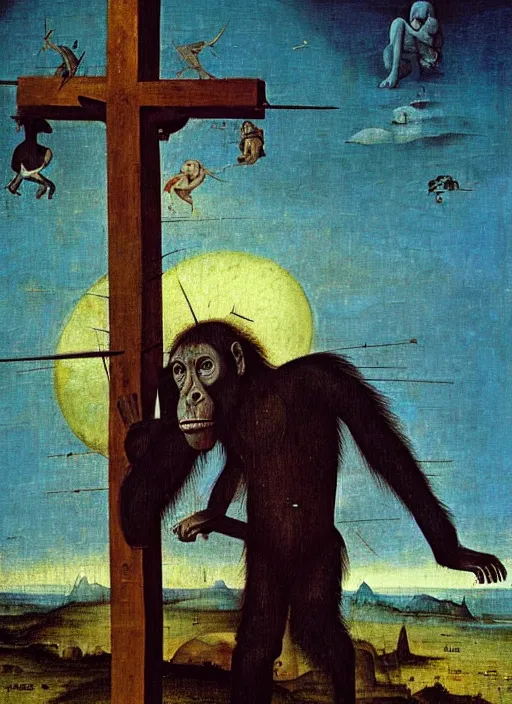 Prompt: Bored Ape on the Cross like Jesus by Hieronymus Bosch, day time sky, surreal oil painting, highly detailed, dream like, masterpiece