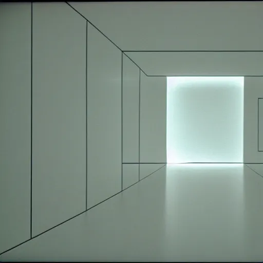 Image similar to a large cubic white room with no objects, no windows, no doors, 3 d perspective, still from movie by stanley kubrick