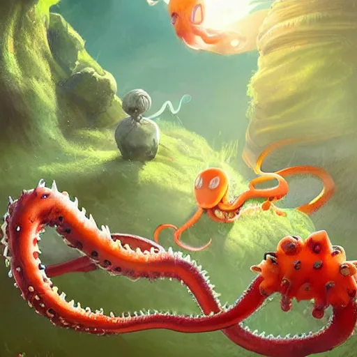 Image similar to a cute beautiful plant type pokemon with beautiful happy smile, red tentacles bursting out of his hair, full body portrait, highly detailed digital art, 3 d perspective, award - winning illustration, aesthetic, smooth, pokemon style, made by greg rutkowski, with an alien landscape in the background