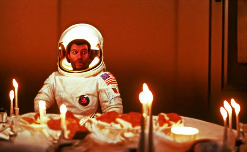 Prompt: Space odyssey astronaut sitting around a big dinner table with candles in the shining by stanley kubrick, shot by 35mm film color photography