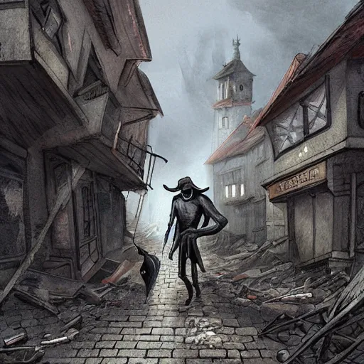 Image similar to plague doctor walking through a town ravaged by plague, dark, creepy, death, disease, hyperdetailed, concept art, artstation