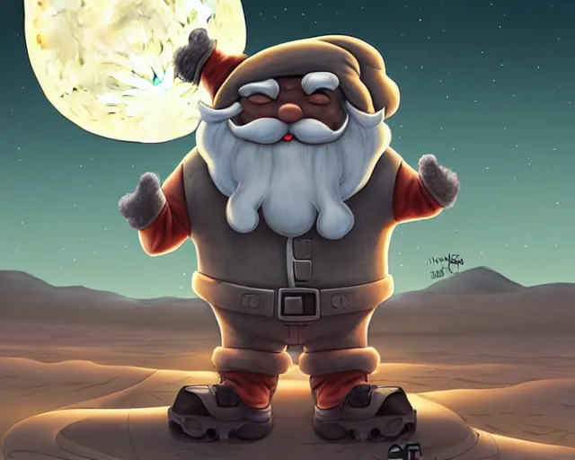 Prompt: a cell shaded cartoon grey mechanized santa, with a big head, on a desert road, wide shot, in front of a big moon, muted colors, post grunge, josan gonzales, wlop, by james jean, victor ngai, hq, deviantart, art by artgem